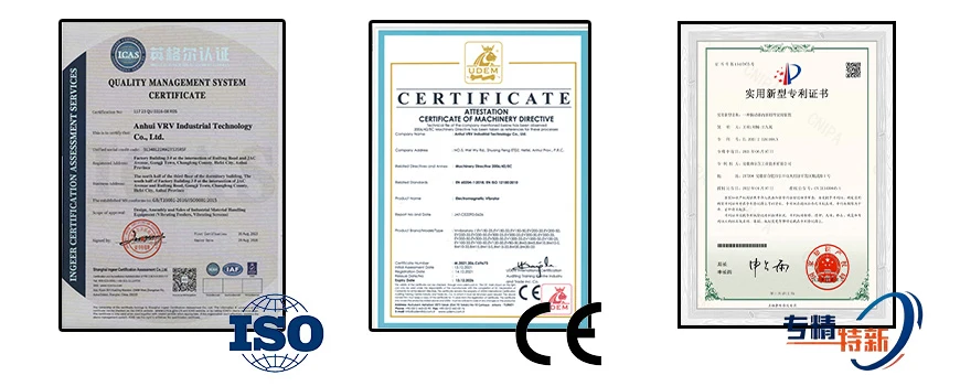 Vibrating feeder manufacturer ISO certification, CE certification for electromagnetic vibrator and patent certificates display