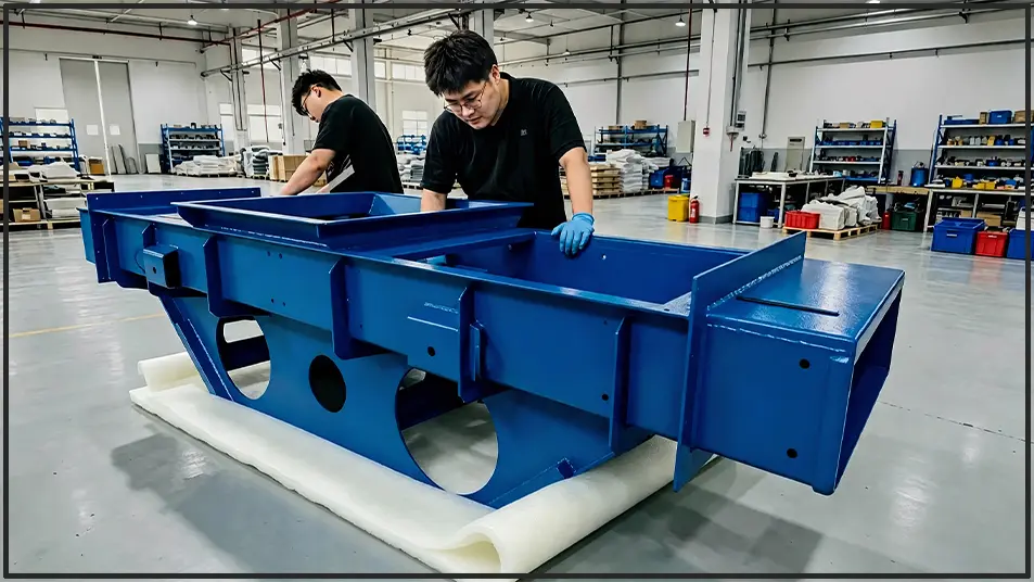 idirectional vibrating conveyor frame under assembly in workshop